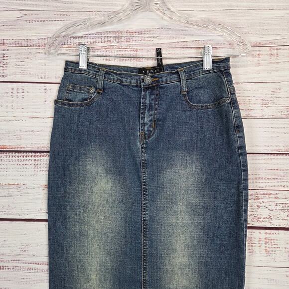 Y2K Mermaid Trumpet Flare Denim Maxi Skirt 5/6 Med Blue Stretch Jean Retro Fade - Picture 5 of 13